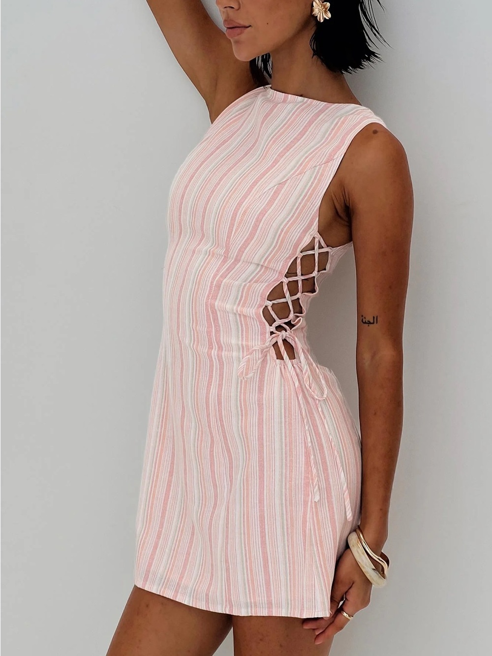 NWT Princess Polly Linen Blend Pink Stripe Side Tie Mini Dress- Size 2